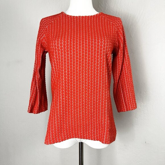 Lesley Evers Top Textured Orange Striped 3/4 Sleeve Round Neck Size Small - Picture 1 of 9